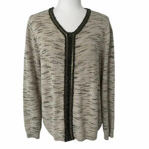 Charter Club Womens Sweater Cardigan Knit Sz XL Gray Metallic Embroidered Zip Up